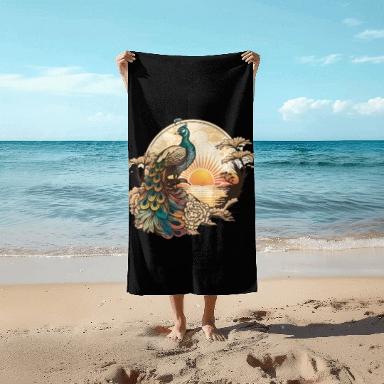 Serenity at Sunrise: Peacock Inspired Artwork Beach Towels