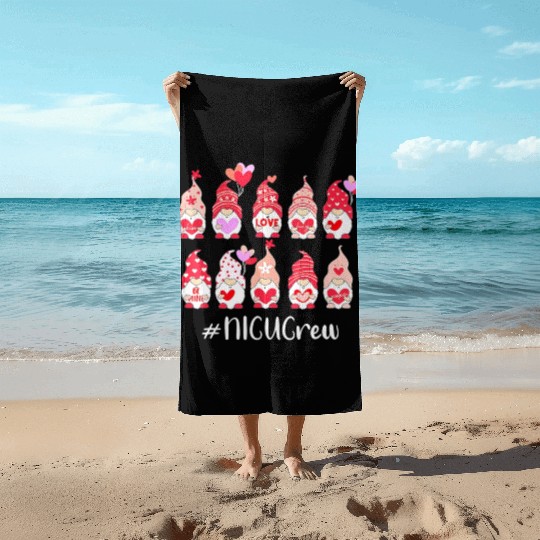 Funny Gnome With Hearts NICU Crew Valentine s Day Beach Towels