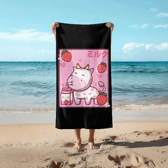 Kawaii Pink Strawberry Cow Milk Shake Otaku Anime Beach Towels