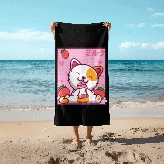 Kawaii Kitten Cute Cat Strawberry Milk Shake Beach Towels