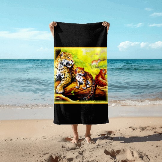 Jaguar Mom and Cubs Relaxing in Jungle. Buy Now Beach Towels