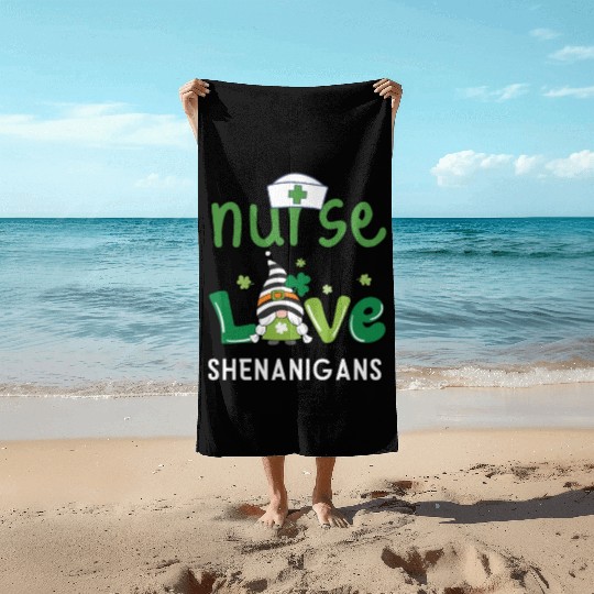 Nurses Love Shenanigans Gnomes Shamrock Beach Towels