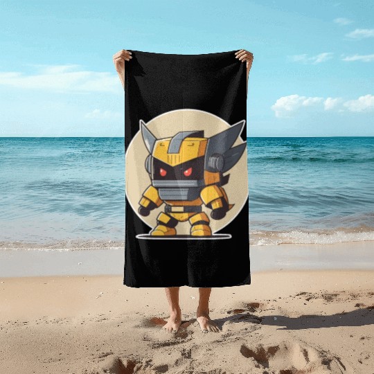 Ninja warrior mech robot kawaii illustration Beach Towels
