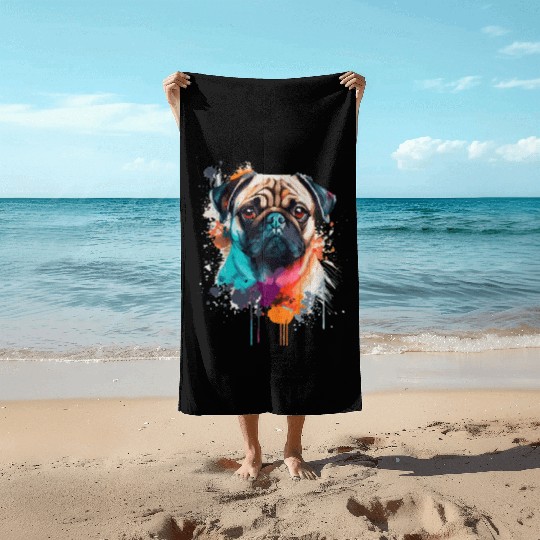 Watercolor Pug Colorful Pet Pugs Dog Lover Beach Towels