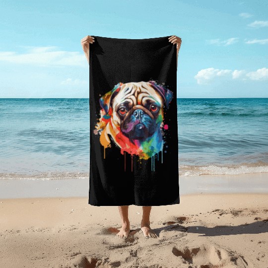 Watercolor Pug Colorful Pet Pugs Dog Lover Beach Towels