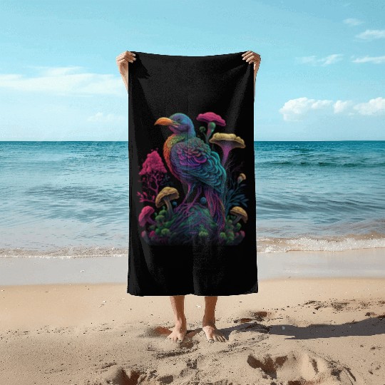 trippy patterns psychedelic Mushroom phoenix bird Beach Towels