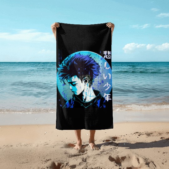 Sad Anime Boy Edgy Japanese Vaporwave Urban Street Beach Towels