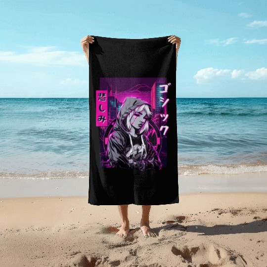 Urban Japanese Sad Anime Girl Vaporwave Aesthetic Beach Towels
