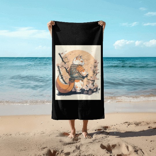 samurai katana cat vintage Beach Towels