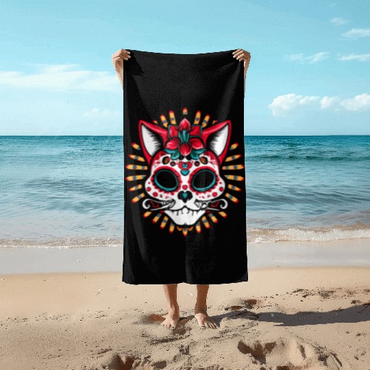 Day of the dead Cat Beach Towels