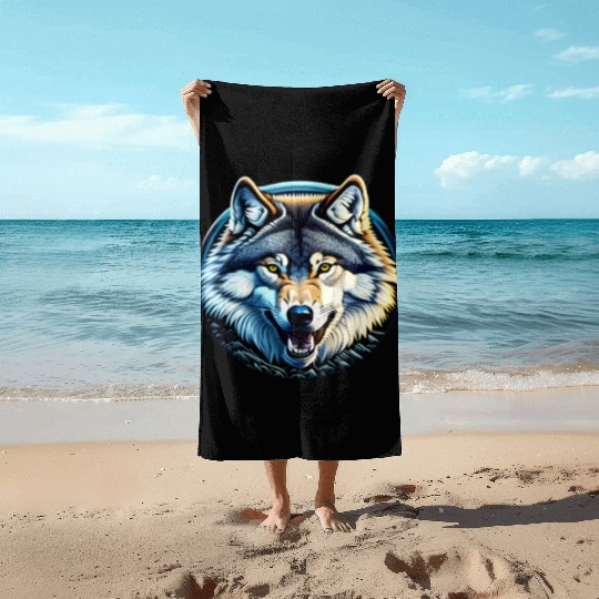 A fierce wolf howling at the moon Beach Towels