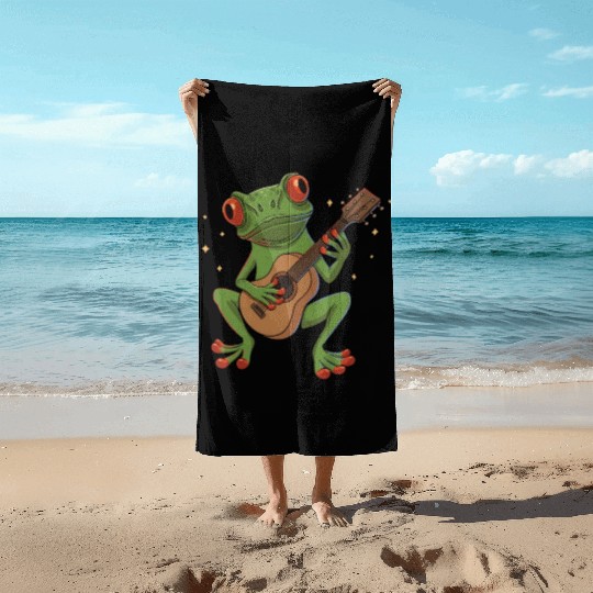 Red Eyed Frog playing Guitar Design for a Guitar Beach Towels