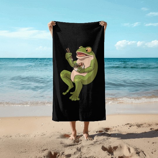 Toad Frog eating Ramen Soup Design for a Frog Beach Towels