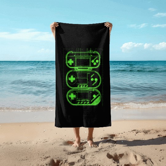 Green Handheld Gaming Blueprint Beach Towels