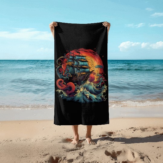 Pirate Ship vs The Kraken Beach Towels