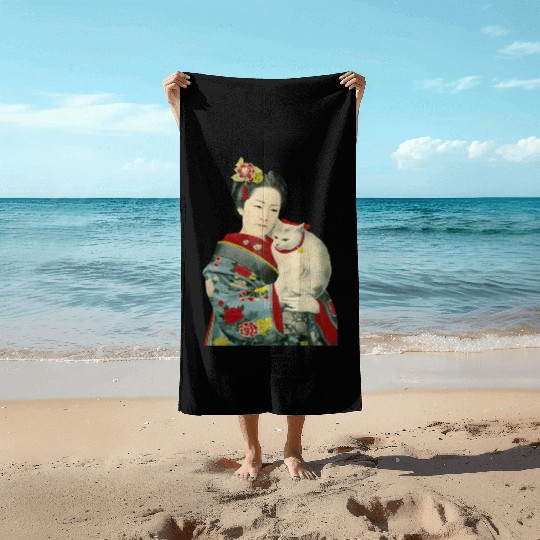 Geisha Cat Kimono Japanese Vintage Art Beach Towels