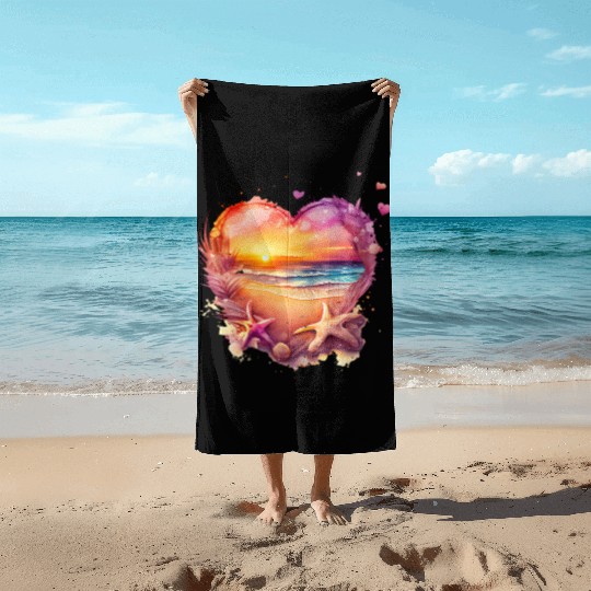 Retro Beach Heart Sunset Watercolor 2 Beach Towels
