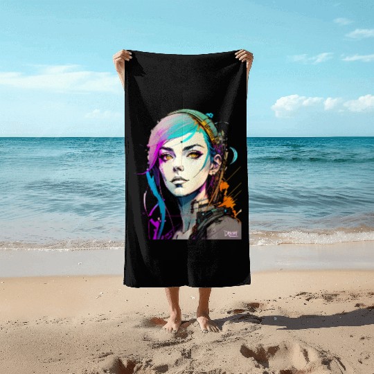 A Digital Diva Stunning Cyberpunk Beautiful Girl Beach Towels