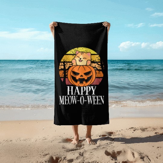 Happy Meow O Ween Funny Cat Lover Beach Towels