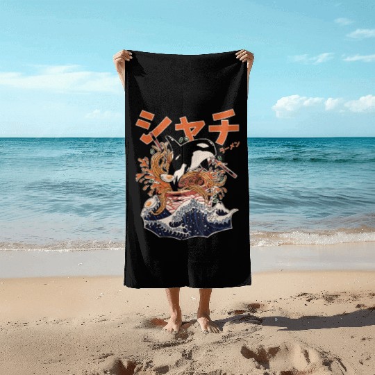 The Great Orca Killer Whale Ramen (Japanese Text) Beach Towels
