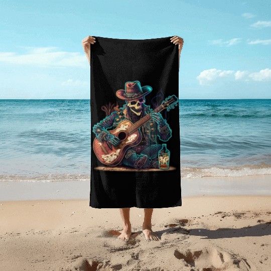cowboy skeleton play guitar Beach Towels