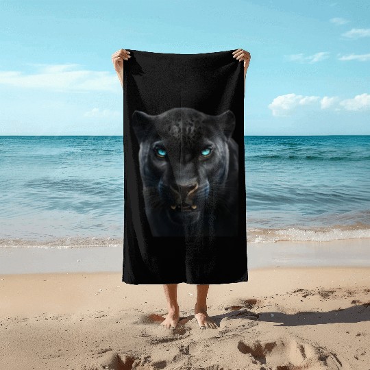 Black panther with blue eyes design wild animal Beach Towels