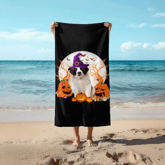 Dog Halloween Saint Bernard Dog Jack O Lantern Beach Towels