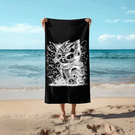 Little Cool Space Cat Splash Tattoo Style Beach Towels