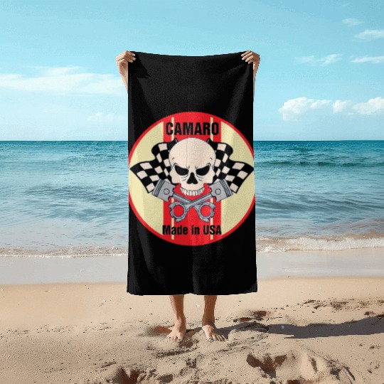 Camaro Made in USA skull & pistons Beach Towels