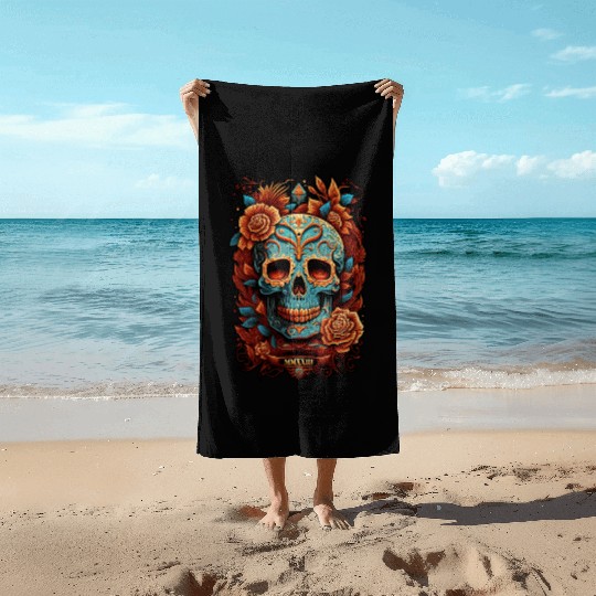 Skull Dia de los Muertos Halloween Tattoo Beach Towels