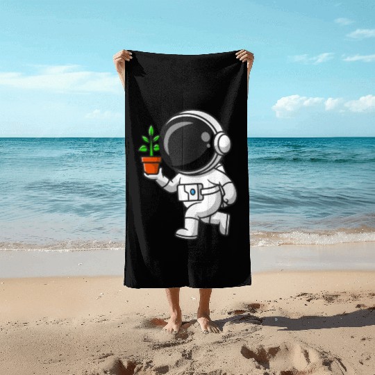 Cute Astronaut Holding Plant In A Pot Cartoon Beach Towels
