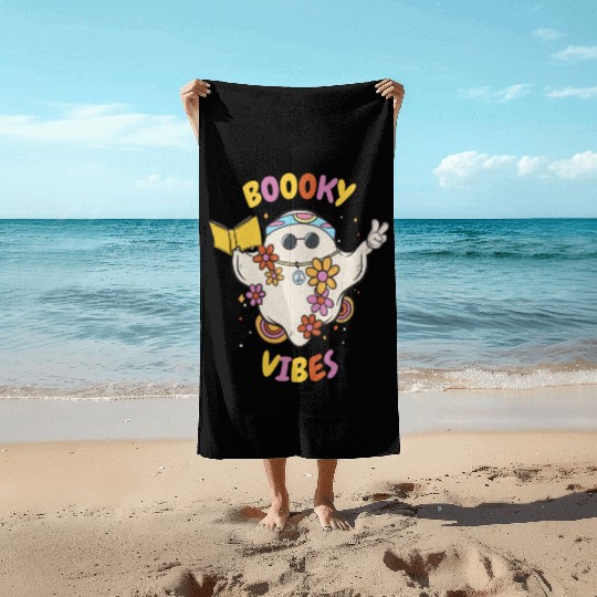 Reading Teacher Halloween Groovy Floral Ghost Beach Towels