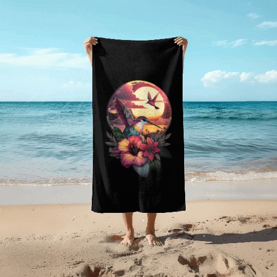 Hummingbird flies over hibiscus flower Tropical Beach Towels