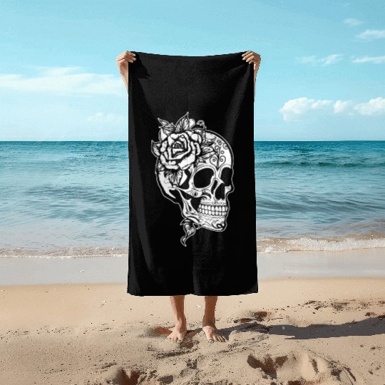 Skull Dia de los Muertos Halloween Tattoo Rose Beach Towels
