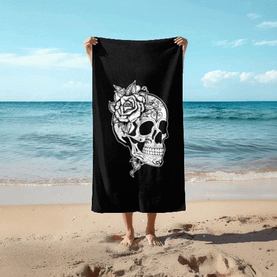 Skull Dia de los Muertos Halloween Tattoo Rose Beach Towels