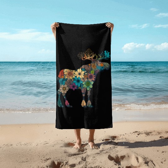 Floral Moose Elk Deer Wild Animal Watercolor 4 Beach Towels