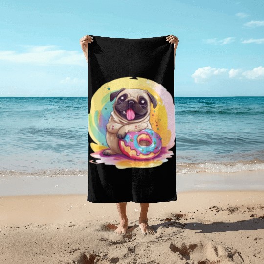 Happy Pug with a Donut Beach Towels