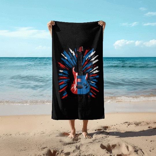 Electric guitar in Union Jack flag colors Beach Towels