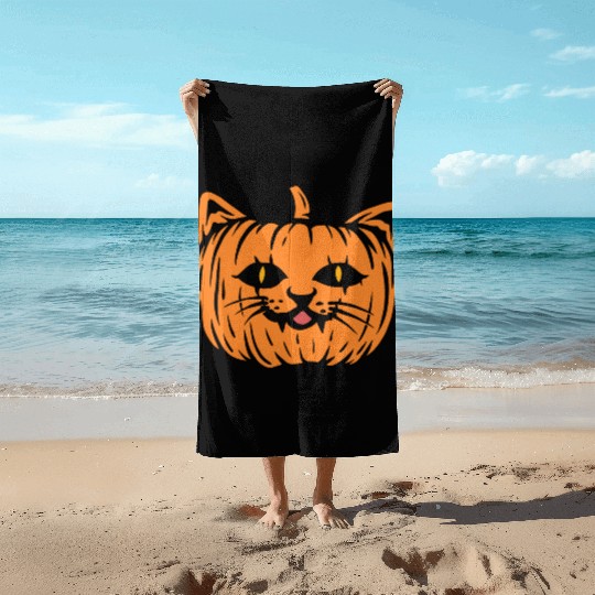 Scary Cat Pumpkin Halloween Beach Towels