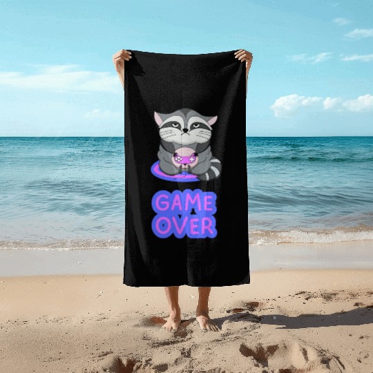 Game Over fat wicked raccoon playing on a console Beach Towels