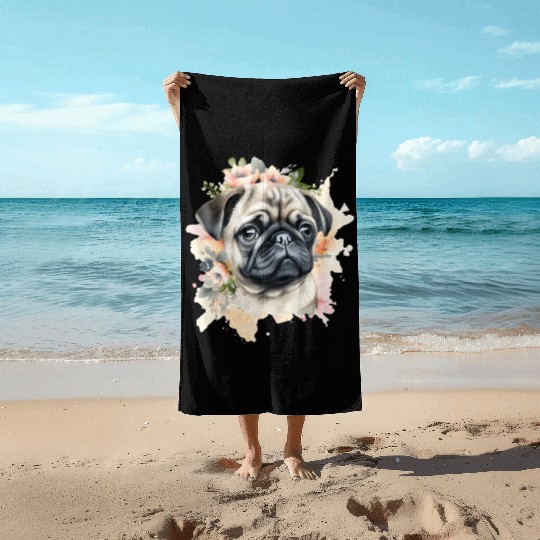 Pug Dog Watercolor Floral Beach Towels