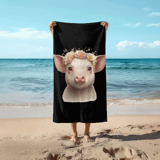 Cute Piglet Flower Crown Baby Pig Floral Farm Anim Beach Towels
