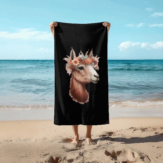 Flower Crown Llama Alpaca Floral Farm Animal Pet Beach Towels