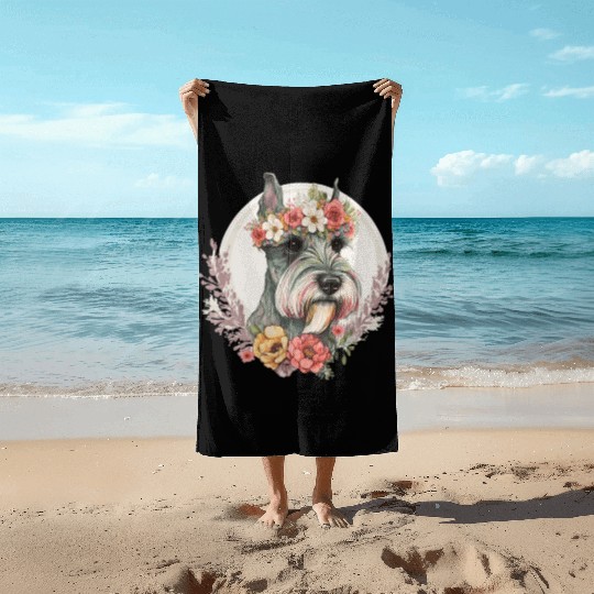Cute Mini Schnauzer Flower Crown Pet Dog Breed Flo Beach Towels