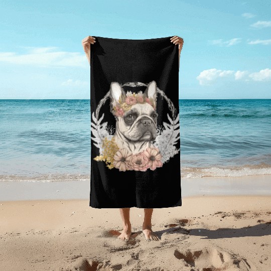 Cute French Bulldog Frenchie Flower Crown Pet Dog Beach Towels