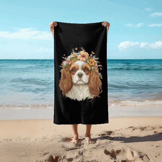 Cavalier King Charles Spaniel Flower Crown Dog Flo Beach Towels