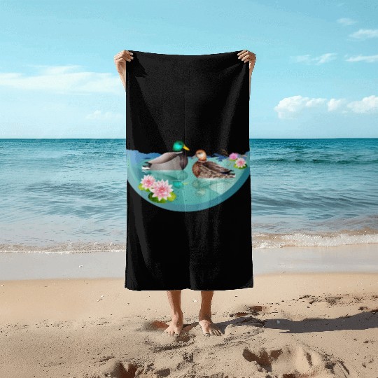 Duck couple in a duck pond with water lilies Beach Towels