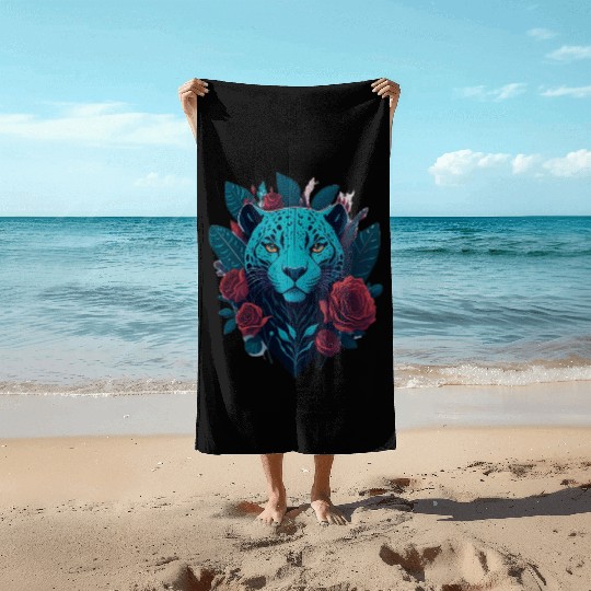 cute jaguar with red flowers Beach Towels