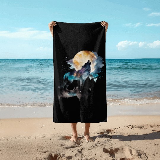 Mountain Wolf Multicolor Watercolor Portrait Beach Towels