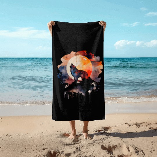 Wolf Howling at Moon Watercolor Beach Towels